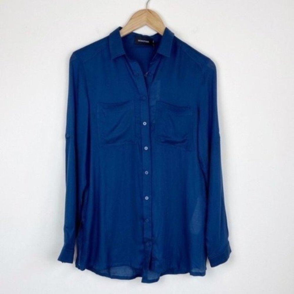 MINKPINK Navy Blue Button-Down Sheer Blouse